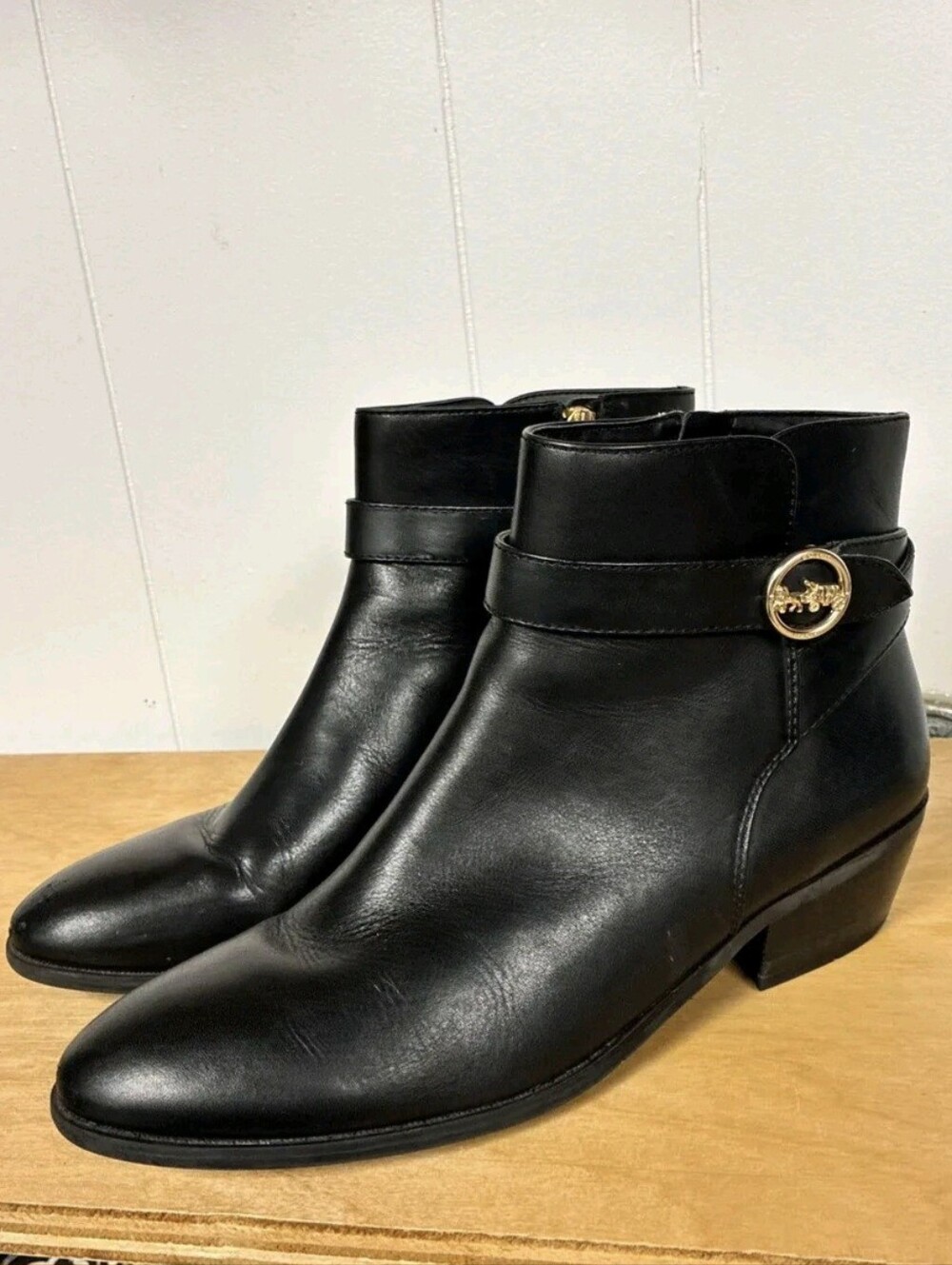 Coach Black Leather Ankle Boots Gold Buggy & Horse Accent Sz 9.5B Preloved